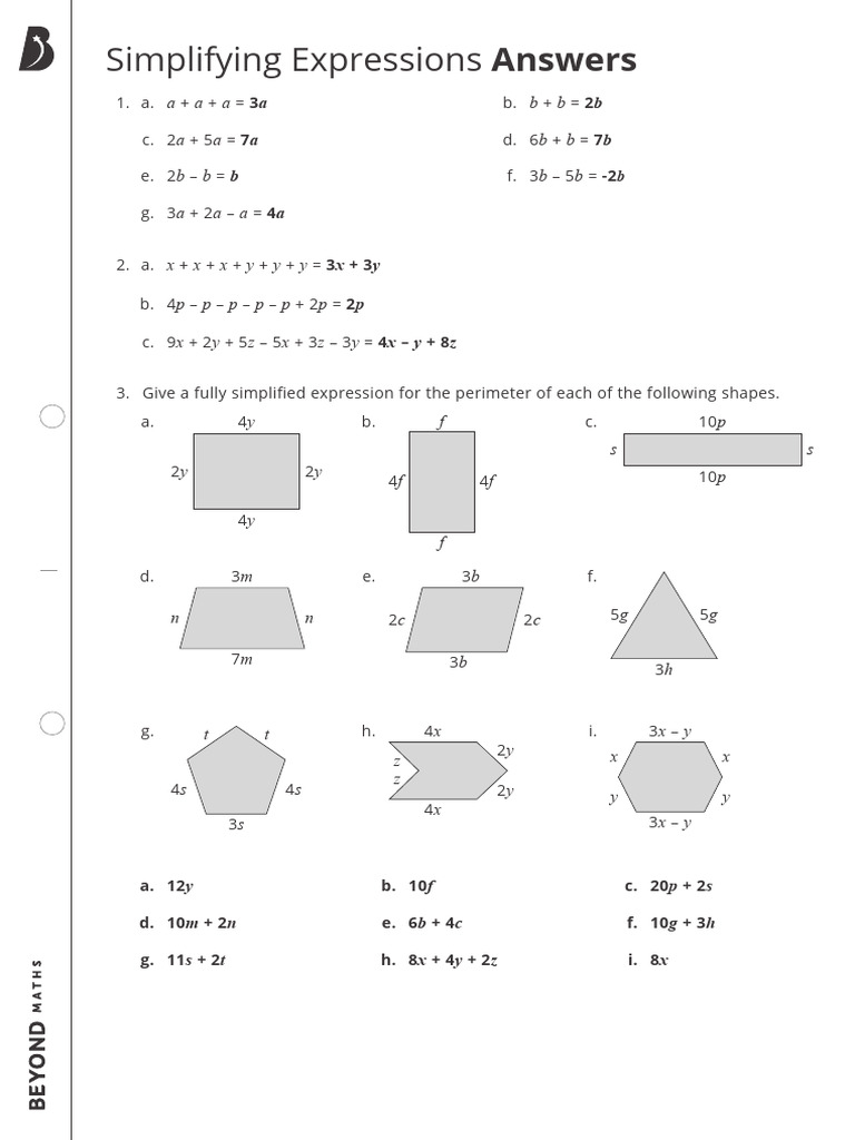 Simplifying Expressions Worksheet - Answers | PDF