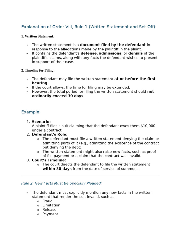 Order VIII Rule 1: Written Statement Guide | PDF | Lawsuit | Set Off (Law)