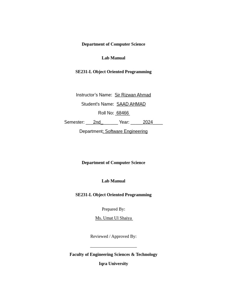 SE231-L Object Oriented Programming Lab Manual | PDF | Class (Computer ...