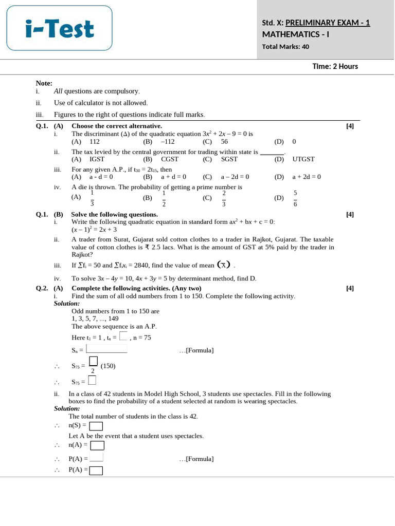 Std. X Mathematics Preliminary Exam Guide | PDF | Mathematics