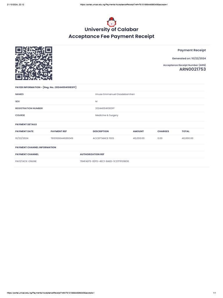 UNICAL Acceptance Fee Receipt 2024 | PDF | Payments | Services (Economics)