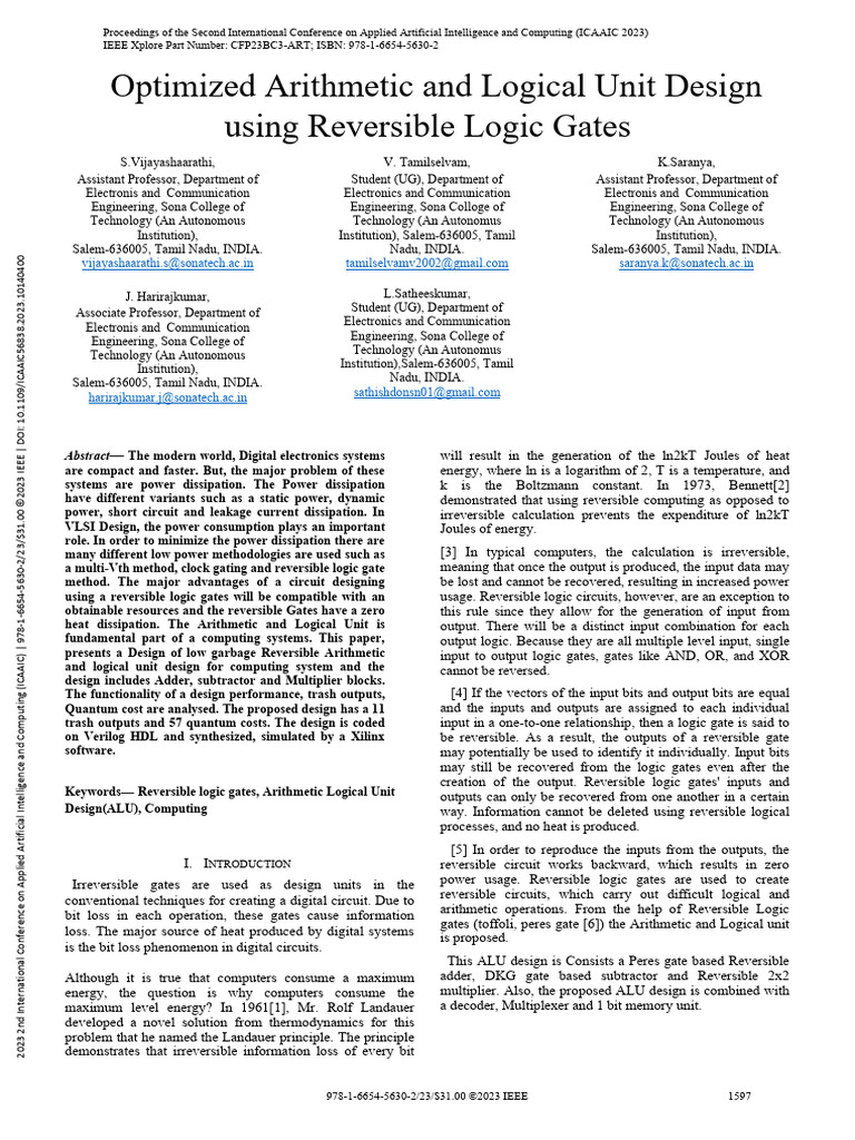 Optimized Arithmetic and Logical Unit Design Using Reversible Logic ...
