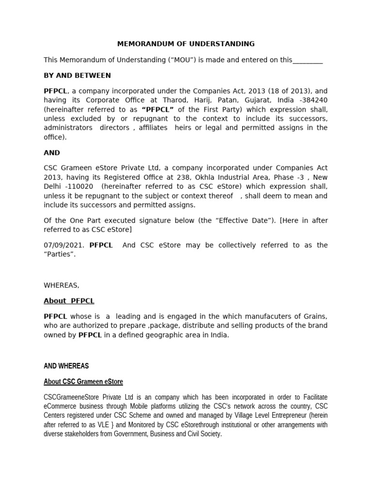 MOU Between PFPCL and CSC eStore | PDF | Arbitration | Indemnity
