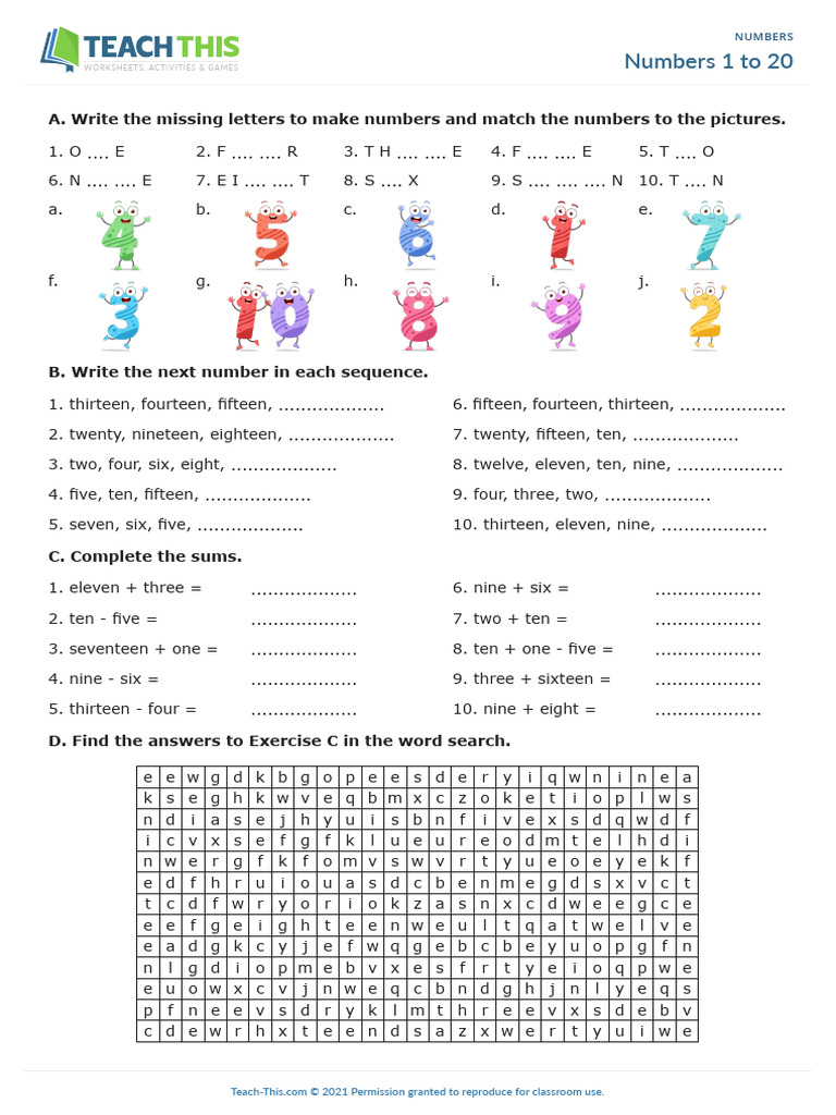 Numbers 1 to 20 Worksheet | PDF