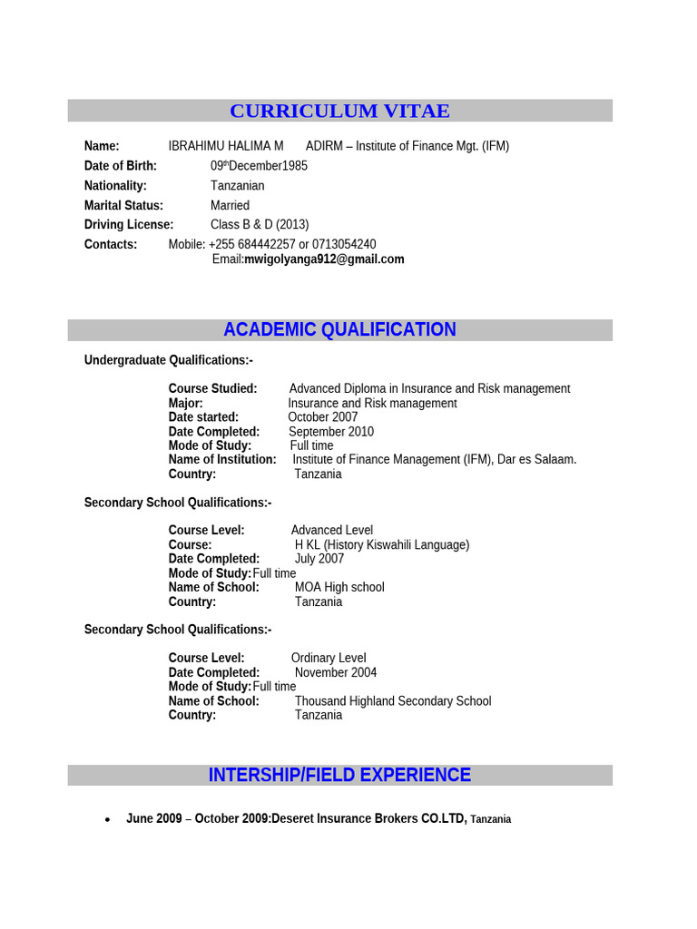 Halima Ibrahim's Insurance CV | PDF | Insurance | Tanzania