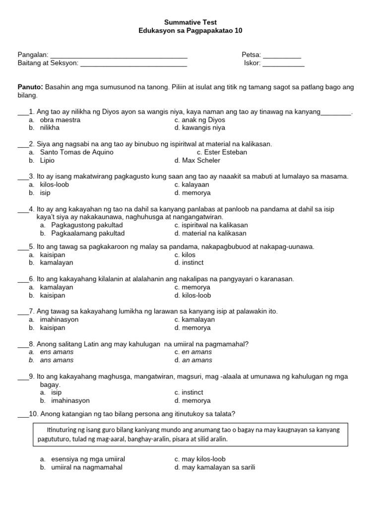 ESP 10 Summative - 033808 | PDF