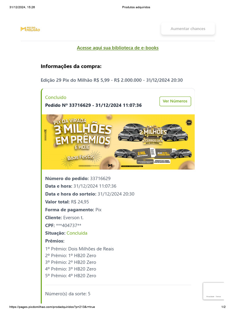 Compras e Prêmios do Pix do Milhão | PDF