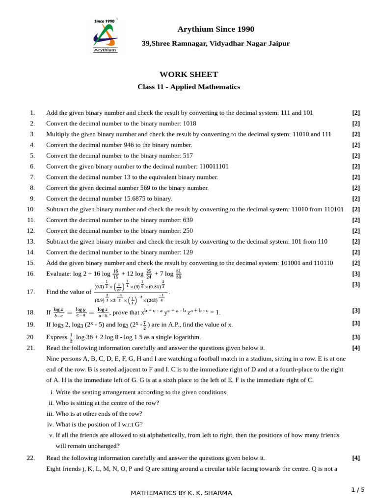 Class 11 Applied Mathematics Worksheet | PDF | Logarithm | Numbers