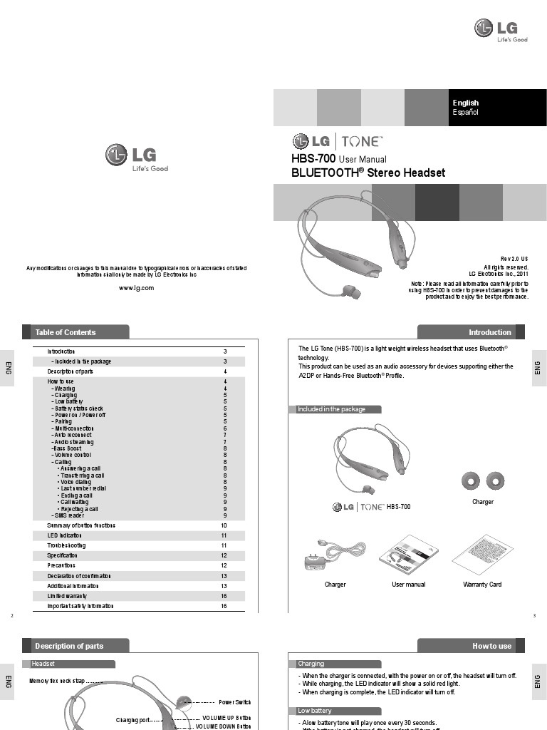 HBS-700 LG Tone Manual | Headphones | Telephone