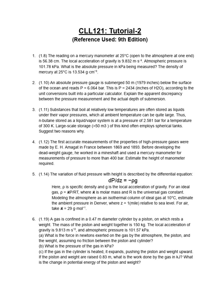 Tutorial 2 - CLL121 | PDF | Pressure | Pressure Measurement