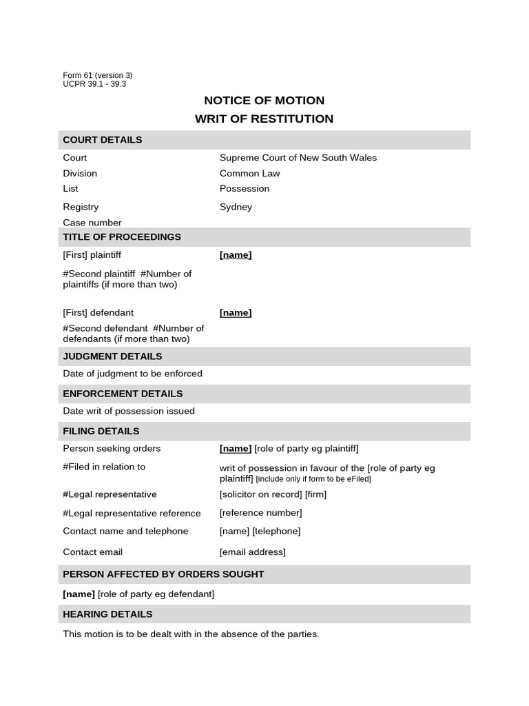 NSW Writ of Restitution Motion Form | PDF | Affidavit | Writ