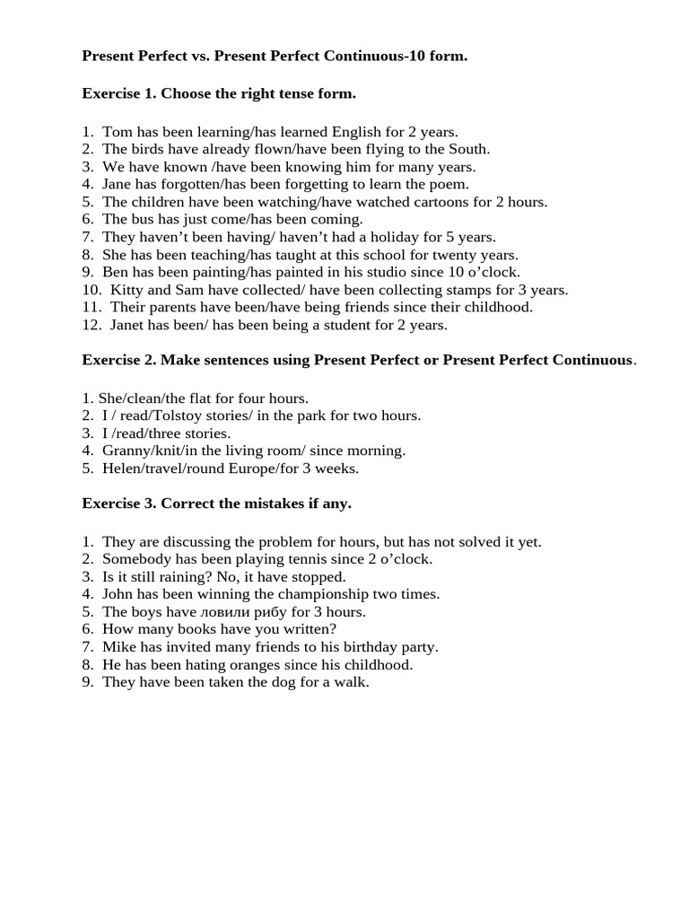 Present Perfect vs. Present Perfect Continuous-10 Form. Exercise 1 ...