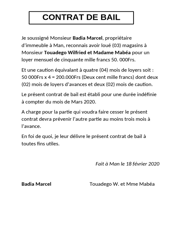 Contrat de bail à Man : détails et conditions | PDF