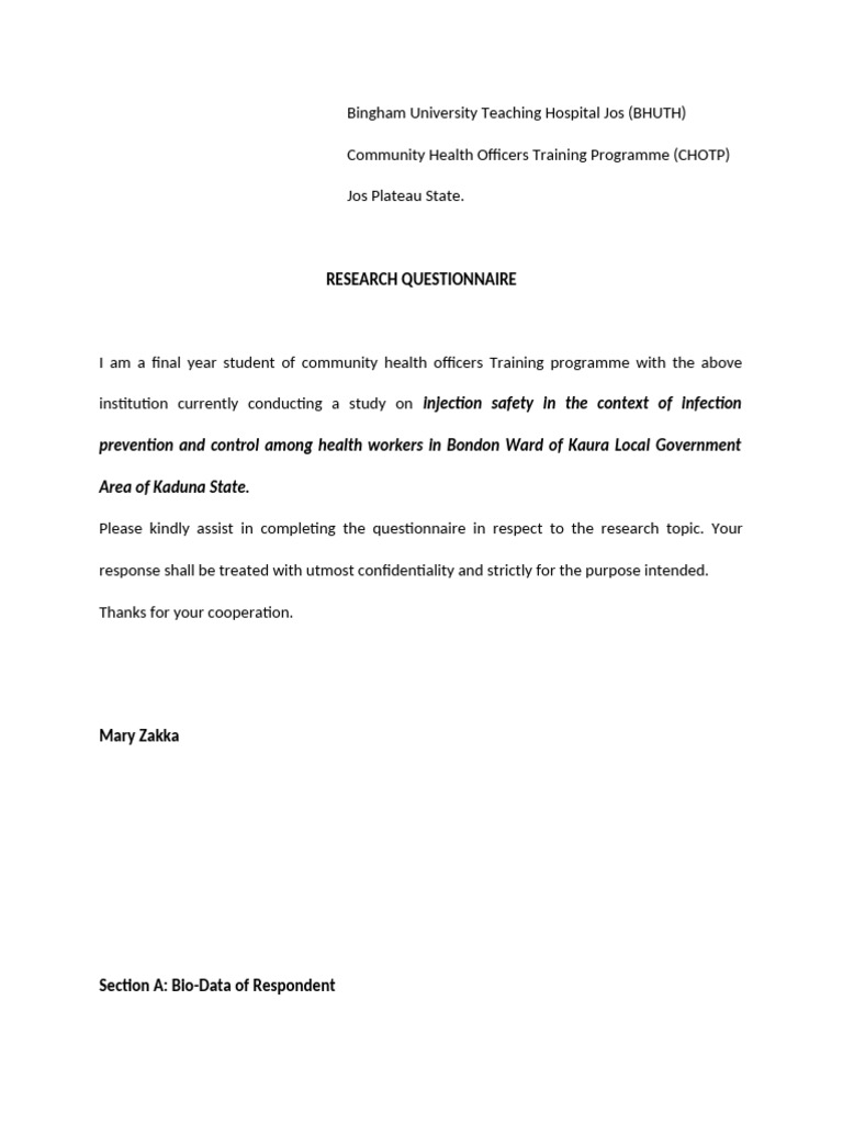 Questionnaire (Injection) | PDF | Injection (Medicine) | Diseases And ...