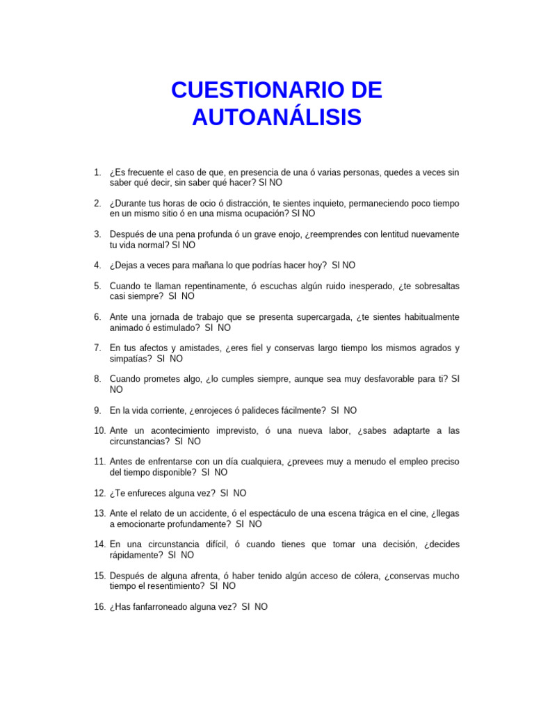 Cueationario de Autoanalisis | PDF