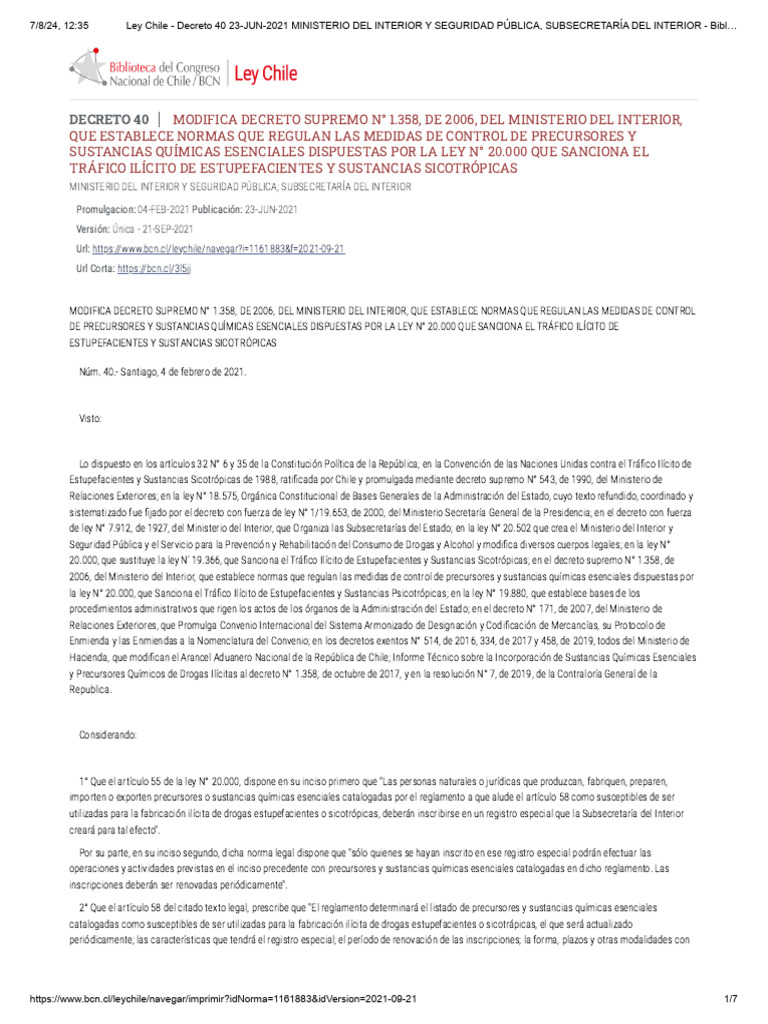 Ley Chile - Decreto 40 23-JUN-2021 MINISTERIO DEL INTERIOR Y SEGURIDAD ...