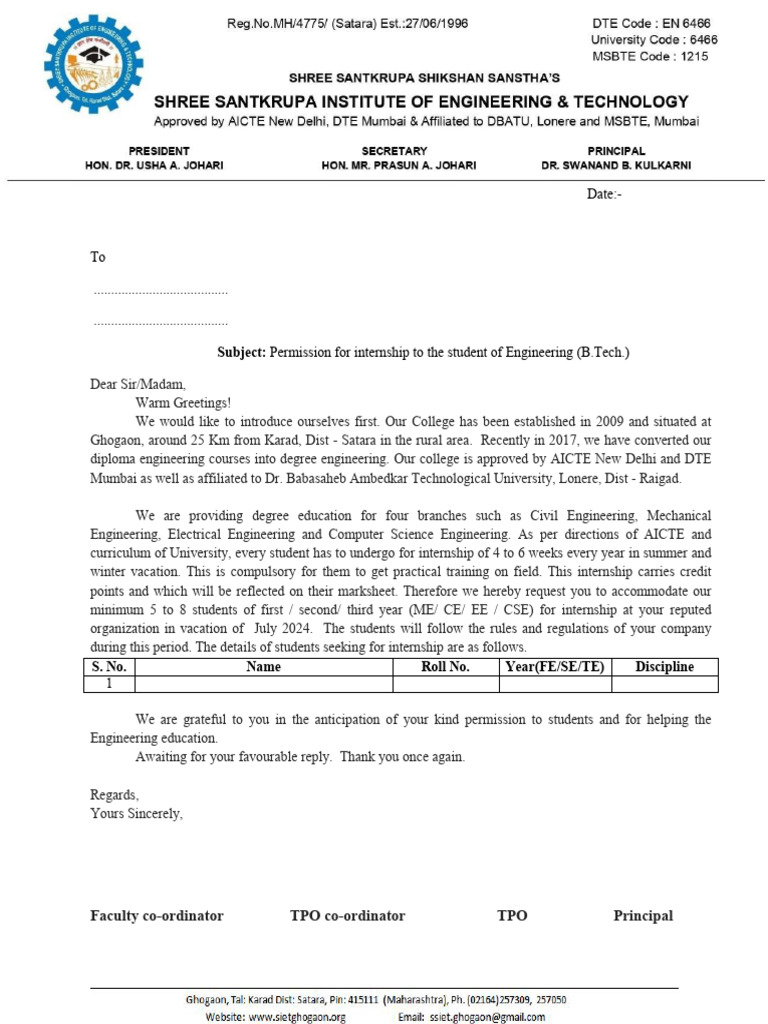 Internship Request for Engineering Students | PDF