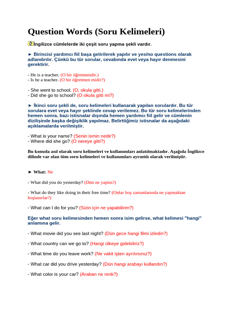 26-Question Words (Soru Kelimeleri) | PDF