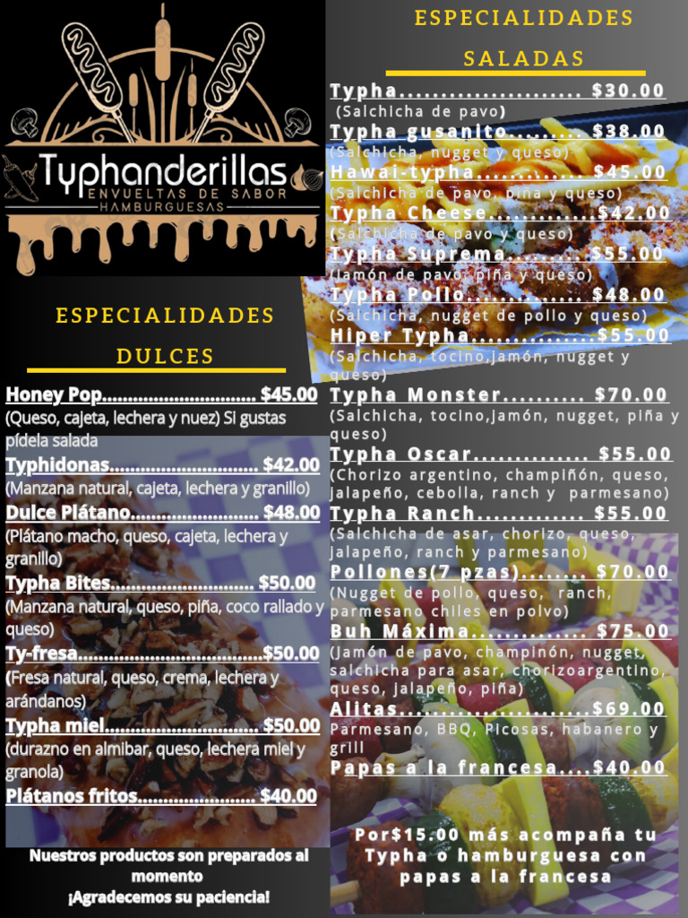 Menú de Especialidades Dulces y Saladas | PDF | Hamburguesas | ensalada