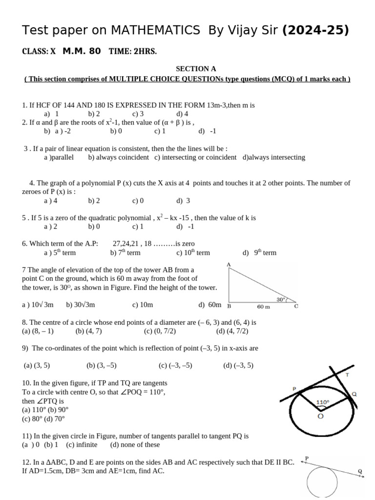 Mathematics Test Paper by Vijay Sir | PDF | Area | Circle