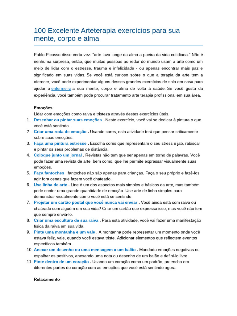 100 Exercícios de Arteterapia para Bem-Estar | PDF | Emoções | Desenho