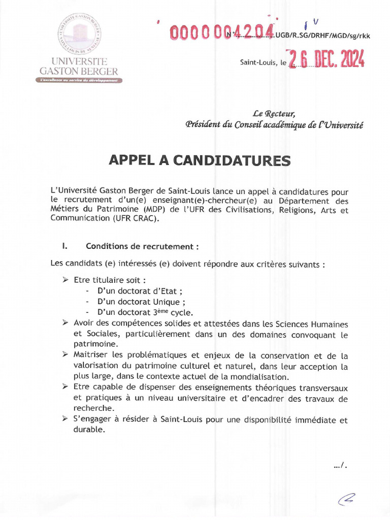 Appel À Candidatures Pour Le Recrutement D'un Enseignant-Chercheur Au ...