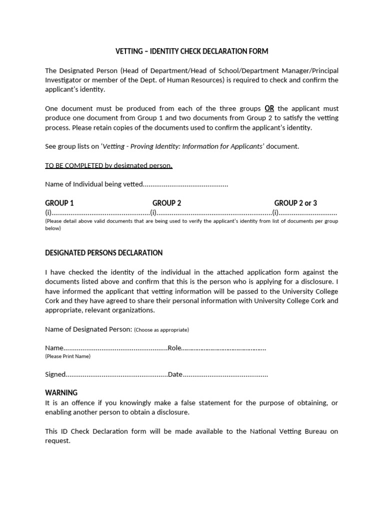 Vetting Identitycheckdeclarationform | PDF | Identity Document ...