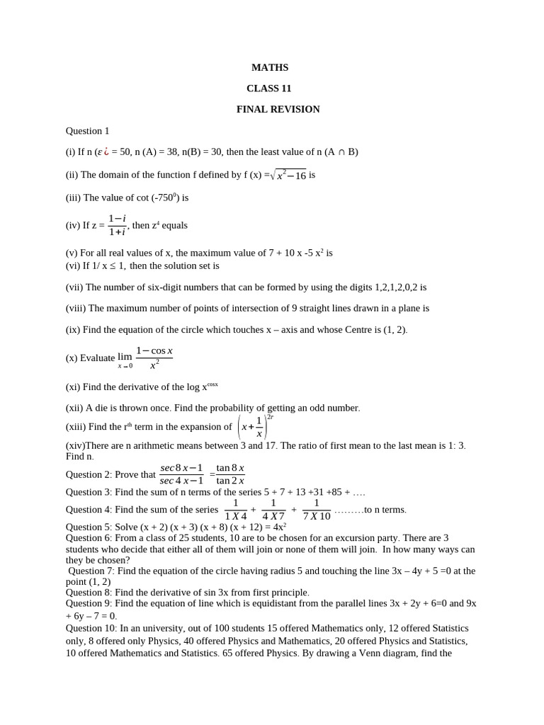 Class 11 Maths Final Revision Guide | PDF | Triangle | Mathematics