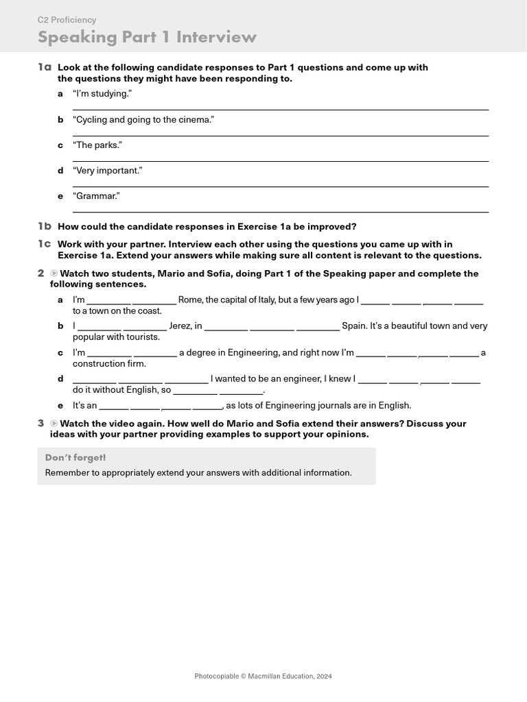 C2 Speaking Part 1 Interview Guide | PDF
