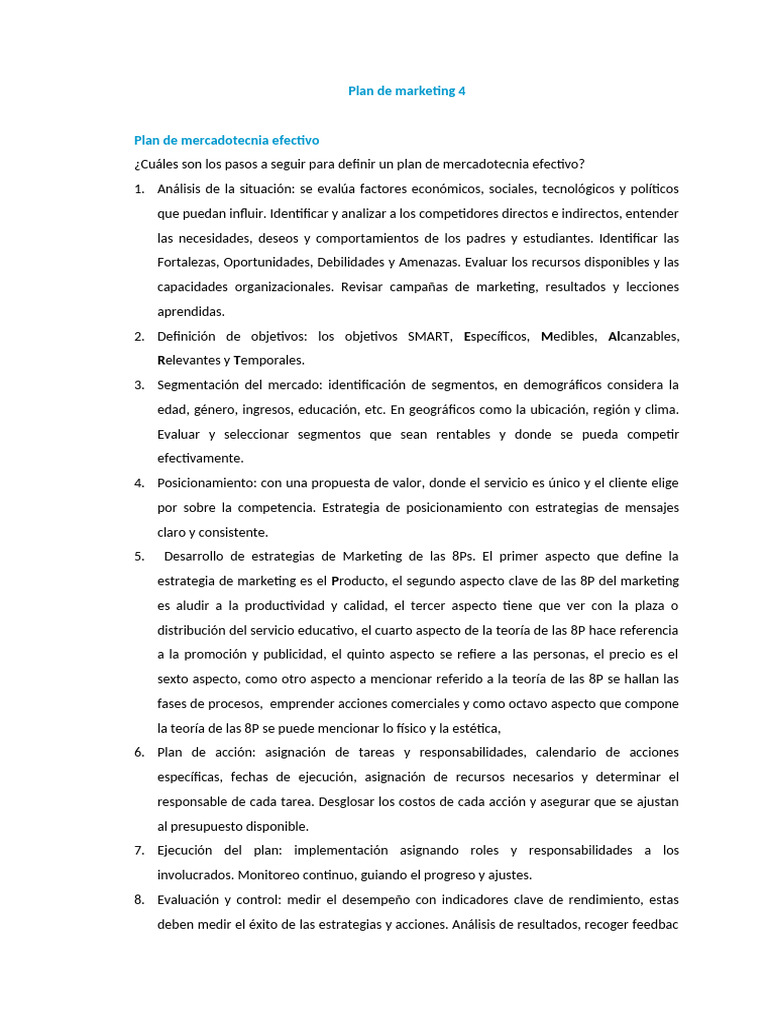 Pasos para un Plan de Marketing Efectivo | PDF | Marketing | Business