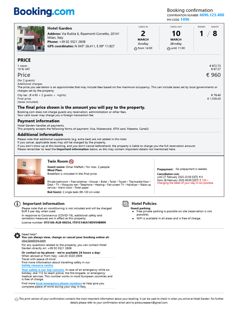 Hotel Garden Booking Details, Milan | PDF | Fee | Payments