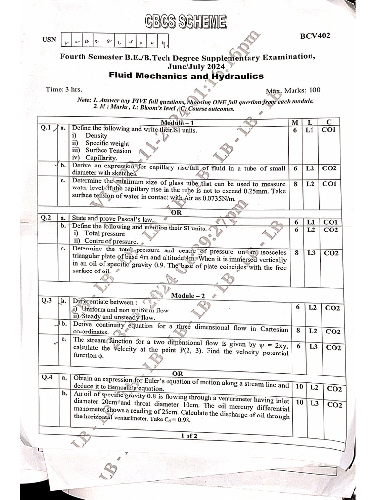 Fluid Mechanics Exam Questions 2024 | PDF | Pressure | Pressure Measurement