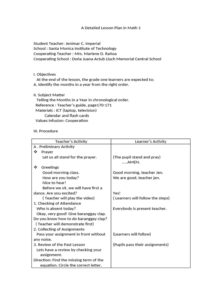Days of the Week Lesson Plan for Grade 1 | PDF | Learning