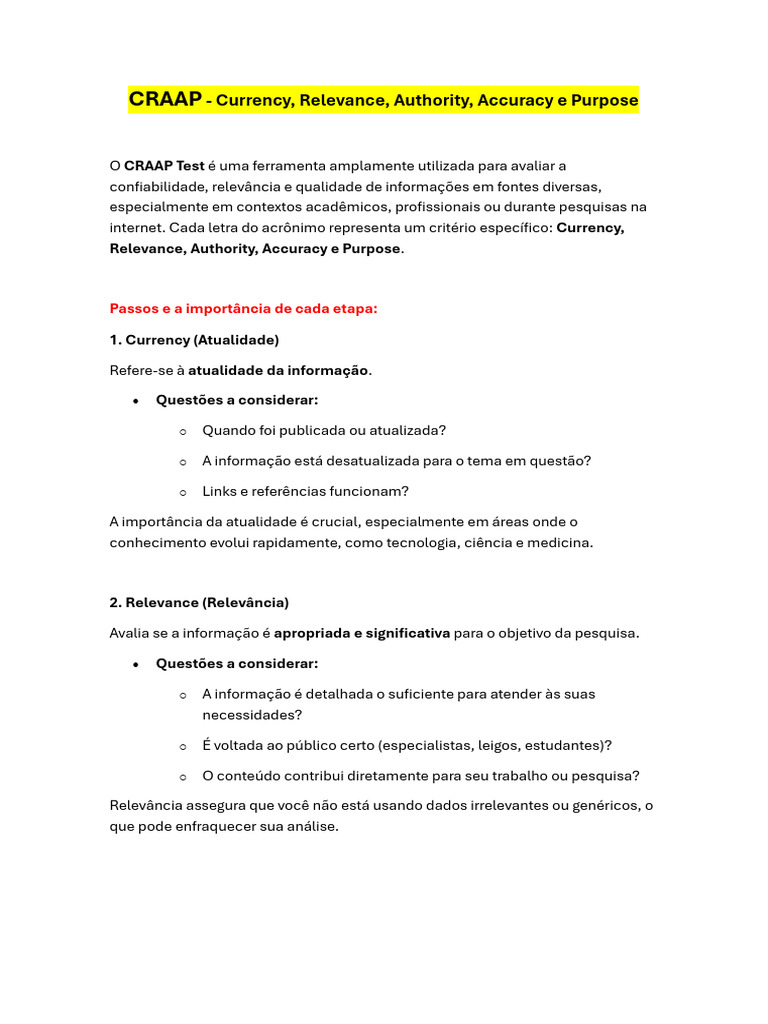 Avaliação de Fontes com o Teste CRAAP | PDF | Informação | Science