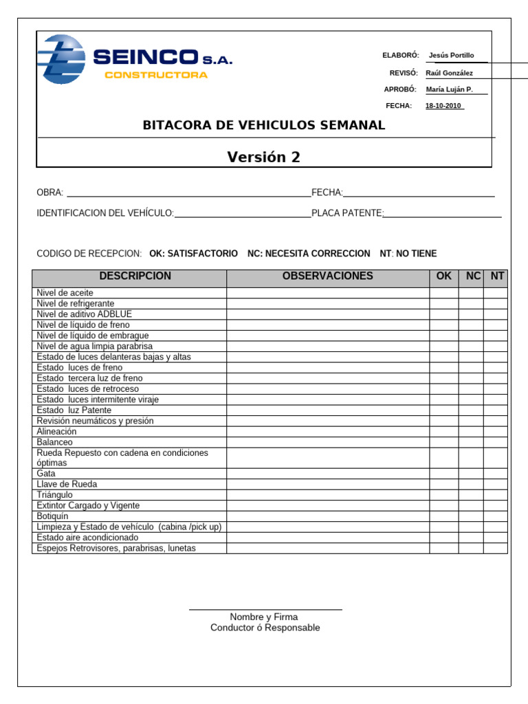 Bitácora Semanal de Vehículos | PDF