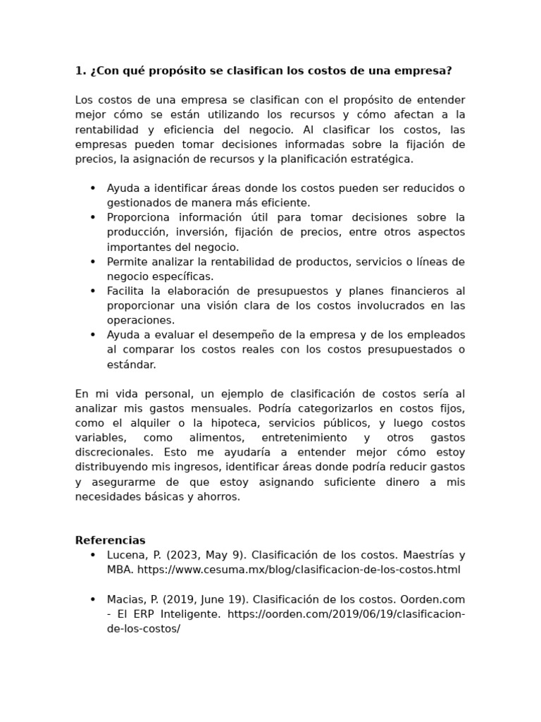 Clasificación y Análisis de Costos Empresariales | PDF | Business ...