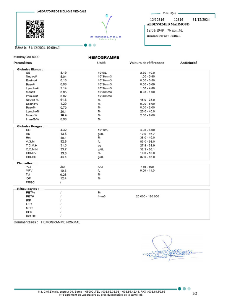 Hémogramme Normal et IDR-CV | PDF | Spécialités médicales | Sang