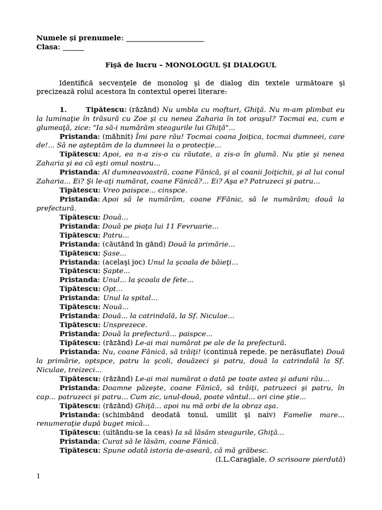 Fisa de Lucru Dialogul Si Monologul | PDF