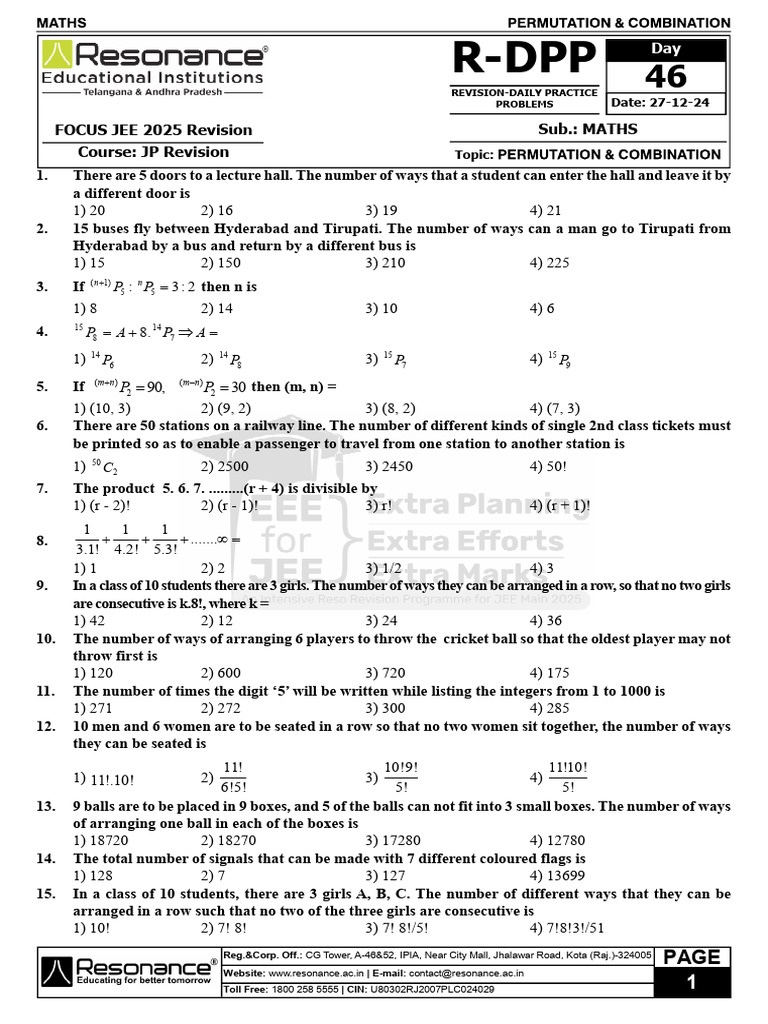 Focus RDPP Mat Day-46 Permutation & Combination | PDF