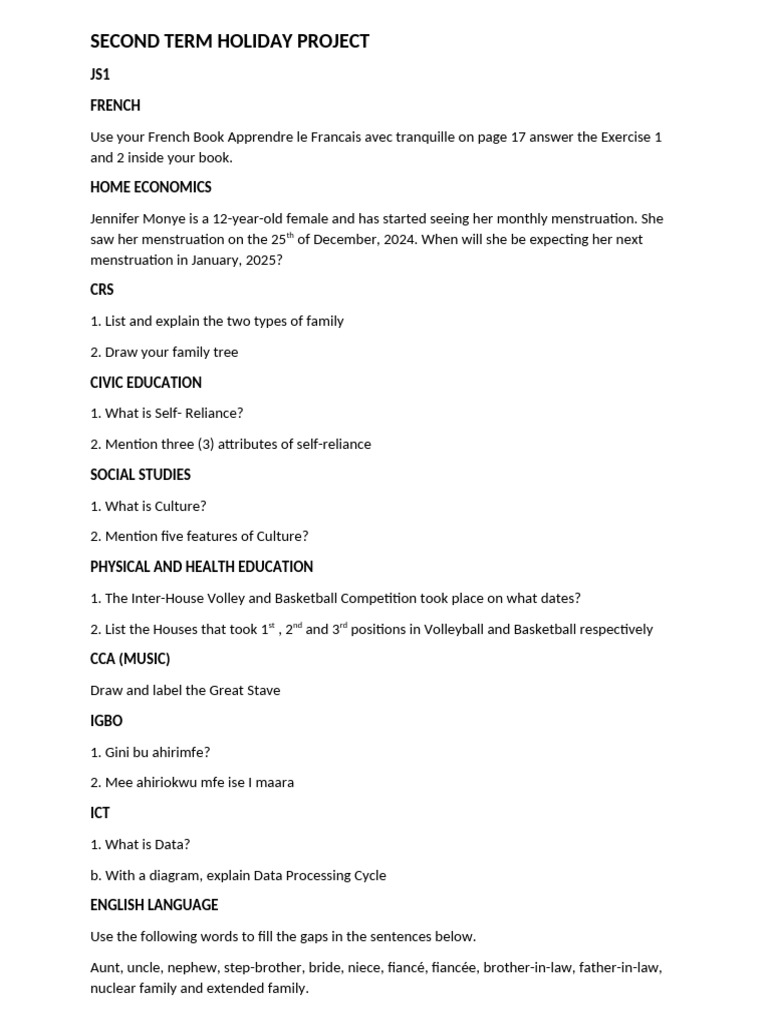 JS1-SS2 Holiday Project Overview | PDF