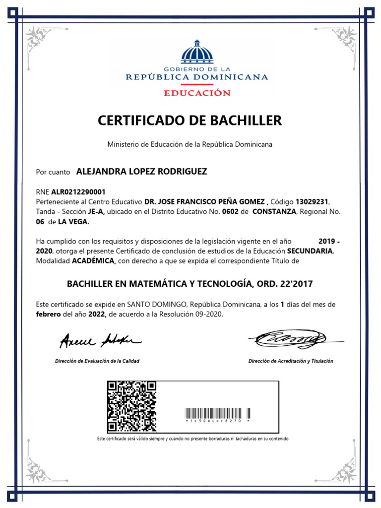 Certificado de Bachillerato 2022 RD | PDF