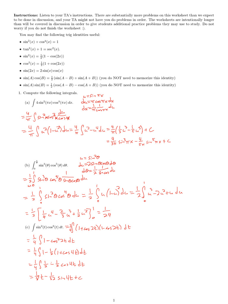 Trigonometric Integral Practice Worksheet | PDF | Geometric Measurement ...