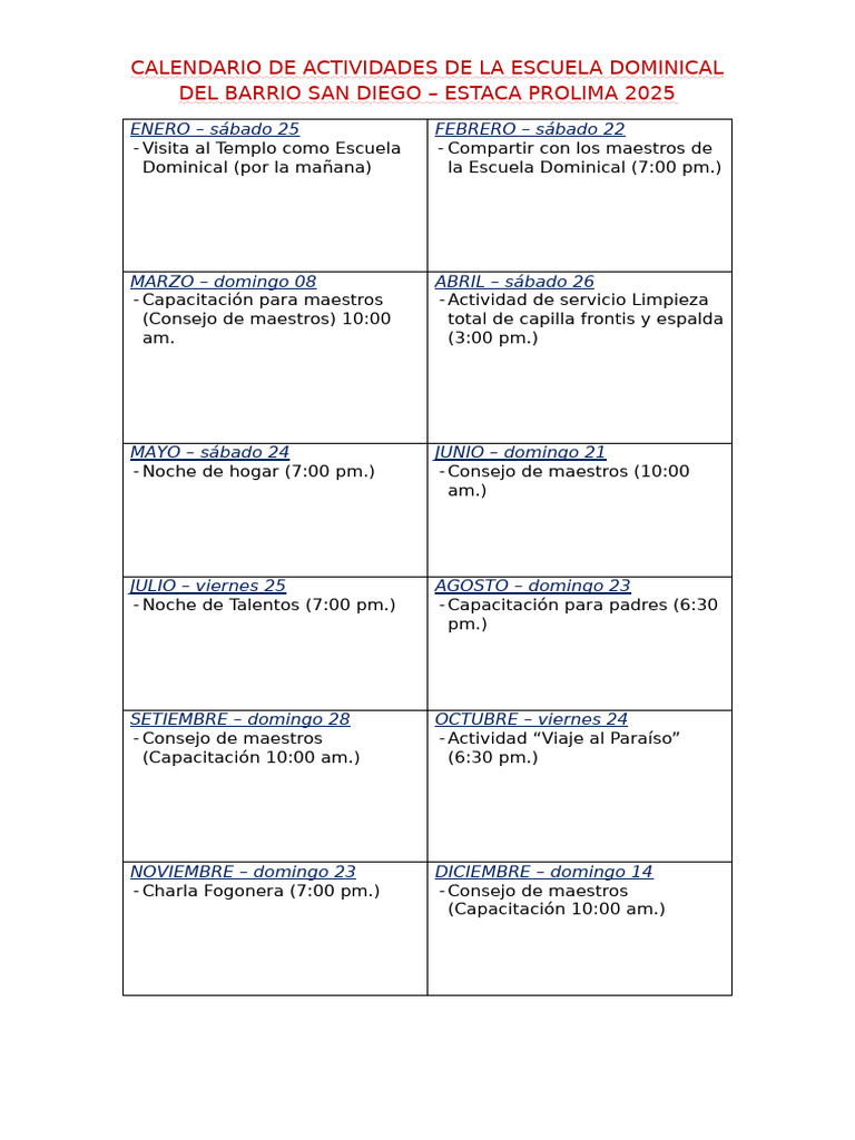 Calendario Actividades Escuela Dominical 2025 | PDF