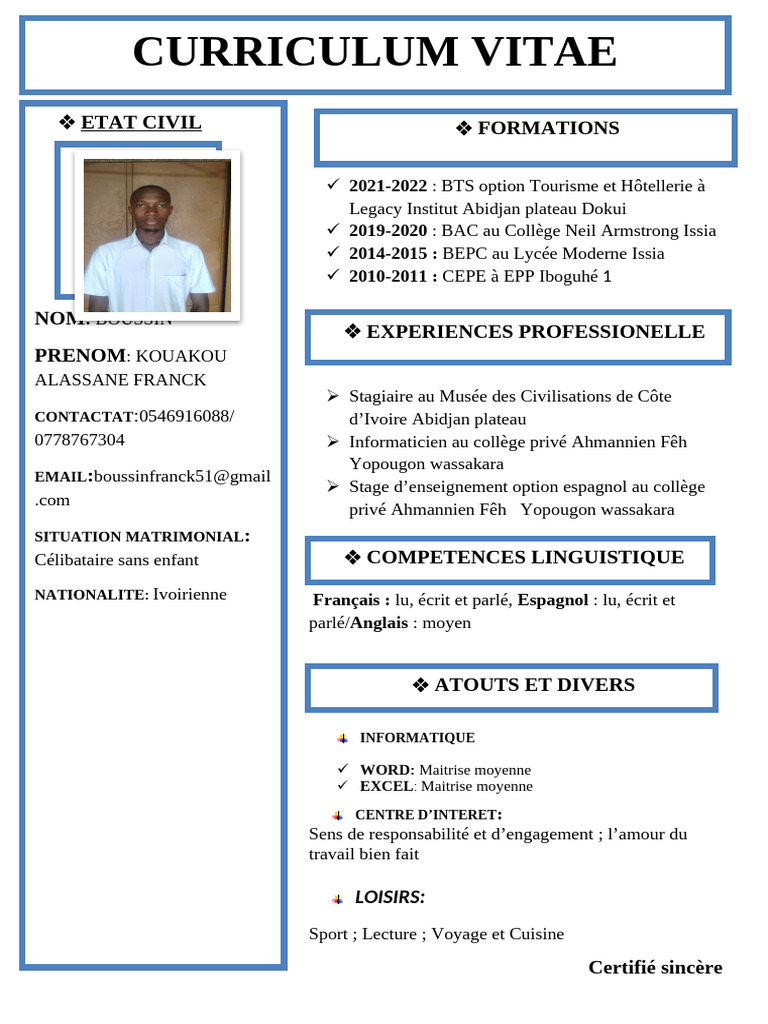 CV Certifié de Kouakou Boussin | PDF