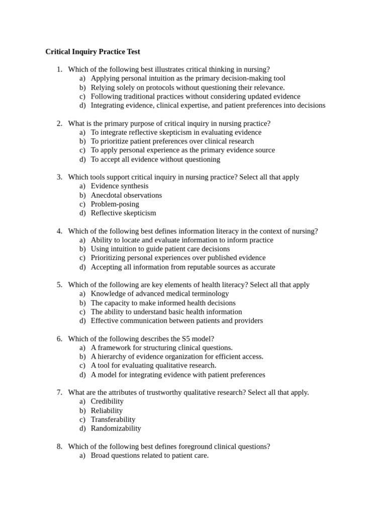 Critical Inquiry in Nursing Practice Test | PDF | Quantitative Research ...