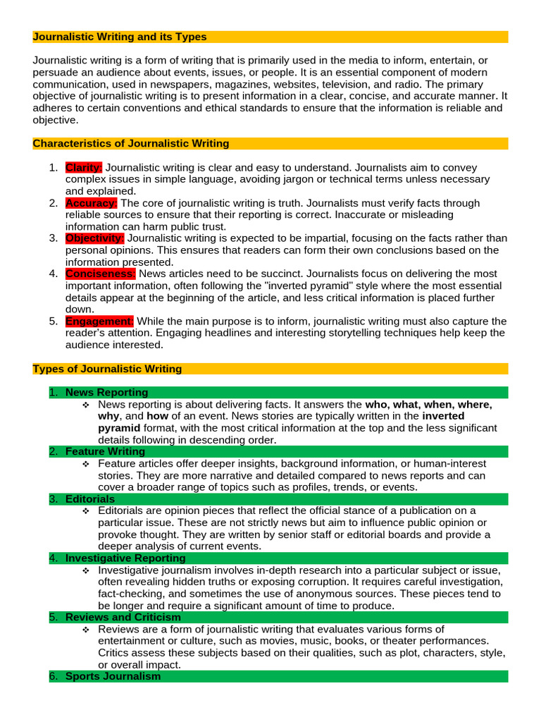 Journalistic Writing and Its Types | PDF | Journalism | News