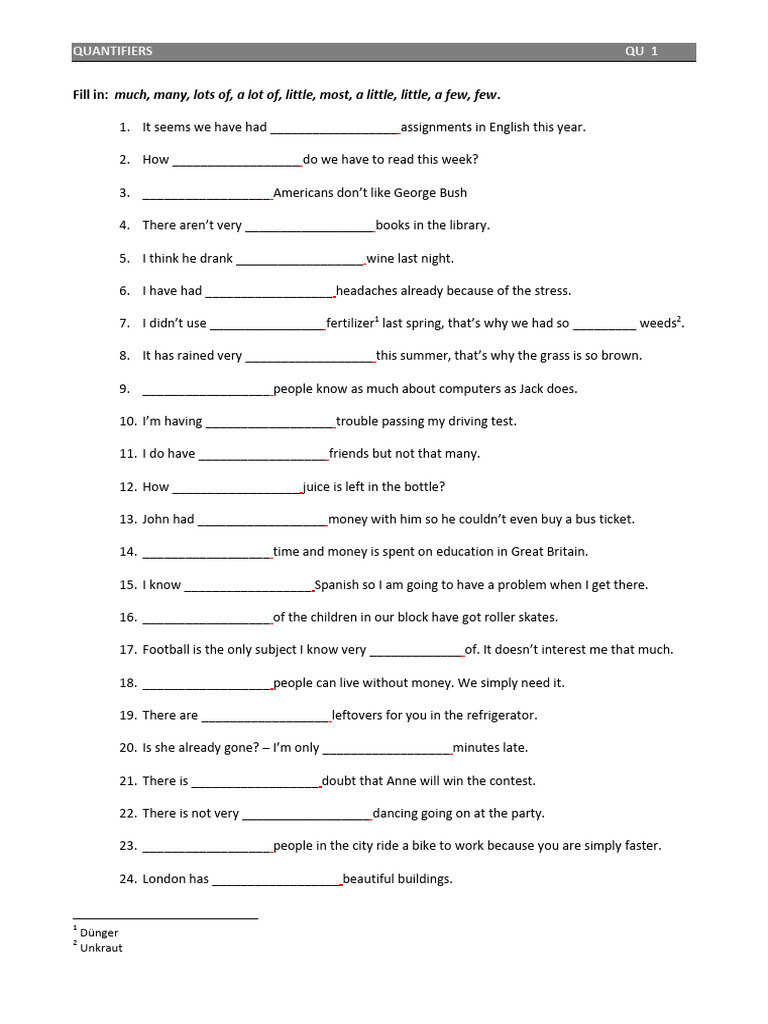 Mastering English Quantifiers Exercises | PDF