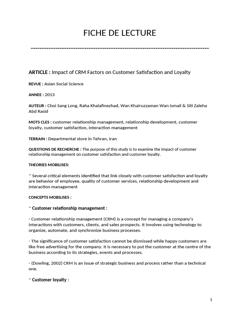 FICHE DE LECTURE Impact of CRM Factors On Customer Satisfaction and ...