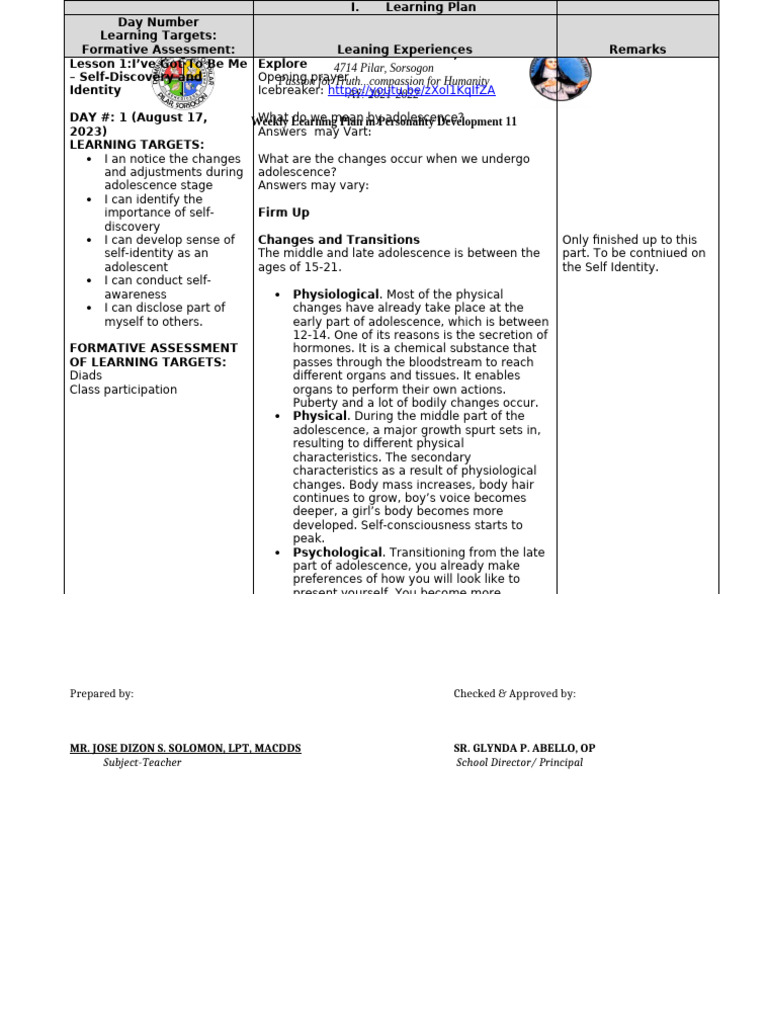 Perdev L1 Pdf Adolescence Self Concept