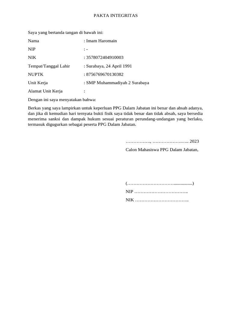 Template Pakta Integritas 2023 1 | PDF